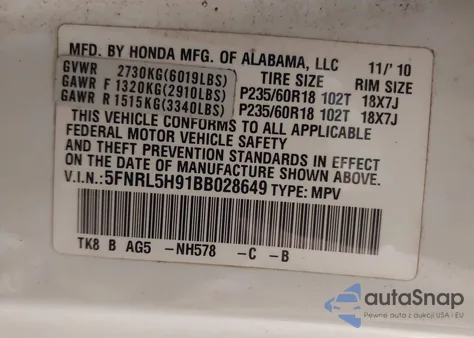2011 Honda Odyssey Touring/Touring Elite z USA, uszkodzony, nr VIN 5FNRL5H91BB028649